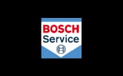 Logo da Bosch Service, marca parceira da Mobil, com nome da marca em vermelho e azul e símbolo da Bosch na parte inferior.