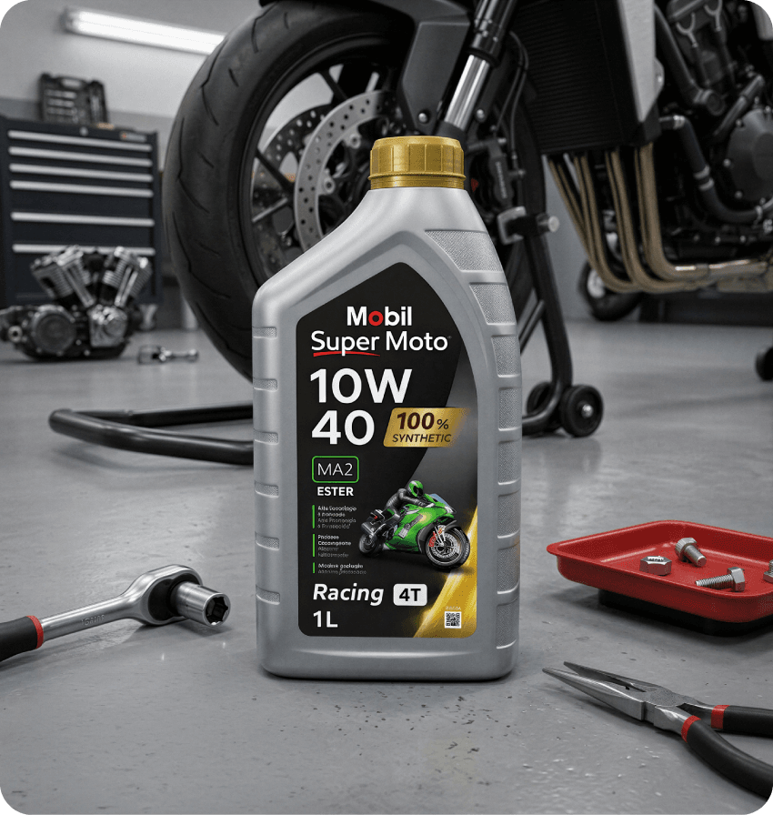 Embalagem de óleo Mobil Super Moto 10W-40 em oficina, com motocicleta e ferramentas sobre o chão.