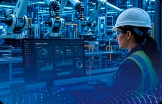 Profissional usando capacete e EPI monitorando indicadores de produção em fábrica automatizada.