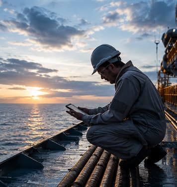 Profissional usando capacete em plataforma offshore consultando tablet durante o anoitecer.