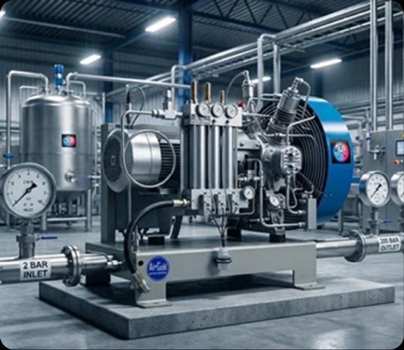 Compressor industrial metálico instalado em fábrica com tubulações, manômetros e tanque de pressão ao fundo.