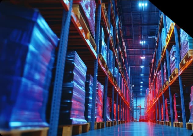 Interior de galpão de logística e distribuição com prateleiras altas e pallets armazenados.