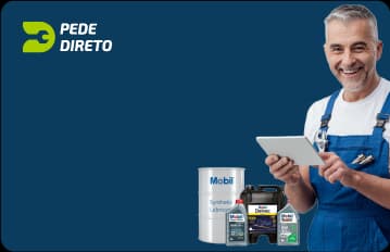 Banner do Pede Direto para empresas com mecânico segurando tablet e produtos Mobil para compra online.