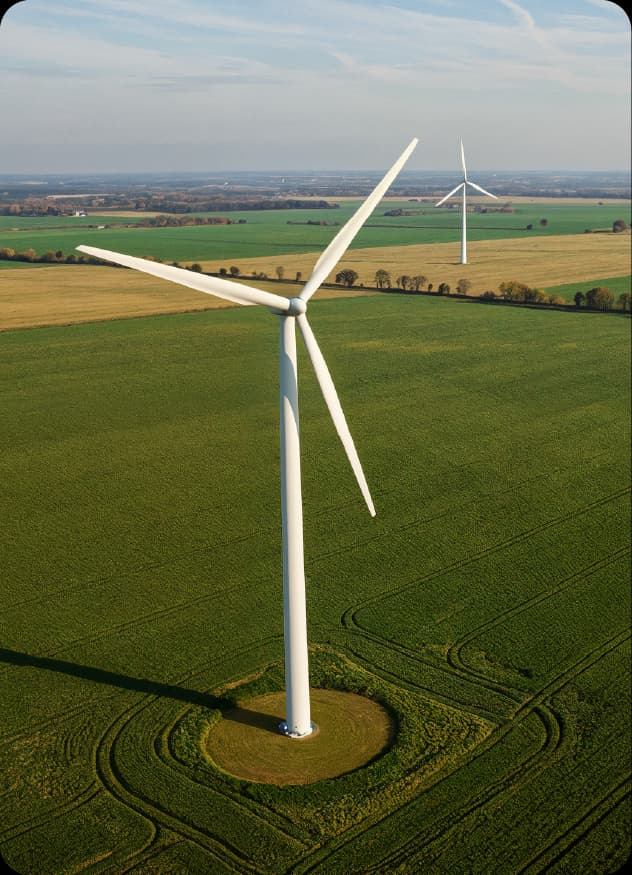 Turbina eólica branca instalada em campo verde, com outras turbinas ao fundo e céu claro.