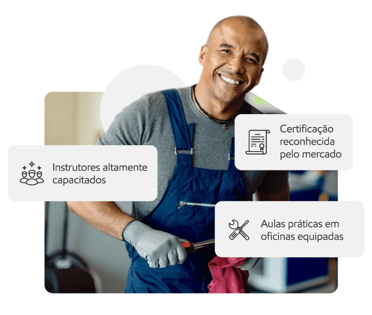 Banner da parceria com a Escola do Mecânico com profissional sorrindo em oficina e informações sobre cursos para o setor automotivo.
