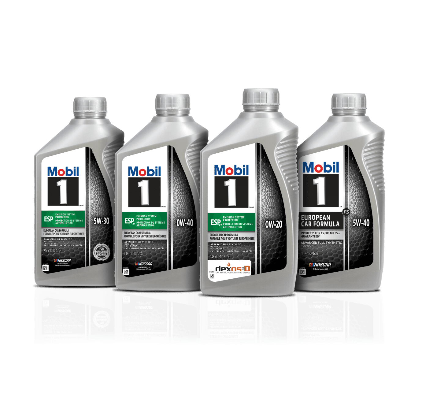 Linha de óleos Mobil 1 para carros em diferentes viscosidades sobre fundo escuro.